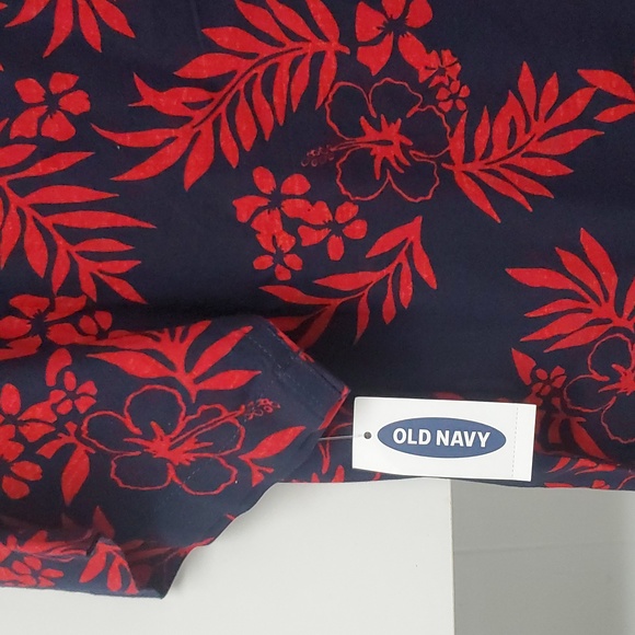 Old Navy Button Down Mens XL Red Navy Blue Hawaiian Style NWT Casual Flex Shirt - Picture 9 of 12